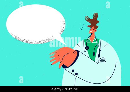 Lächelnder männlicher Arzt in weißer medizinischer Uniform mit Sprechblase. Glücklicher Hausarzt oder Therapeut Gespräch Patient konsultieren. Medizin und Gesundheitswesen. Vektorillus Stockfoto