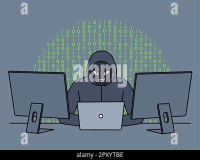Männlicher Hacker mit Kapuze und Maske sitzt am Tisch Arbeit an Computern stehlen persönliche Informationen. Anonyme kriminelle Hackerprogramme und Websites auf dem PC. Vektor Stockfoto