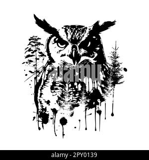 Einfarbiges grafisches Porträt einer Eule im Wald. Abstraktionsbäume und Eule. Aufdruck für T-Shirt oder Tattoo, Graffiti-Style. Vektordarstellung Stock Vektor