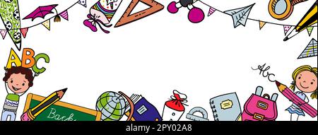 Zurück in die Schule - niedliche Jungen und Mädchen mit Linealen, Bleistiften, Bürsten und ABC - aufgeregt, wieder in die Schule zu gehen - farbenfroher, handgezeichneter Cartoon. Transparent Stockfoto