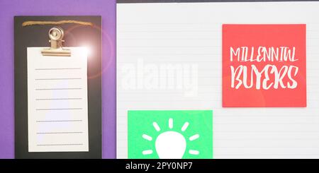 Konzeptionelle Überschrift Millennial Buyers, Wort für Verbraucherkategorien, die an Trendprodukten interessiert sind Stockfoto