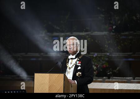 Der schwedische König Carl Gustaf hält eine Rede bei einem Staatsessen, das vom Präsidenten Estlands am 2. Mai 2023 in Viimsi Artium, Tallinn, Estland, ausgerichtet wurde Stockfoto