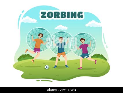 Zorbing Illustration mit Personen, die in handgezogenen Vorlagen für flache Cartoons Bubble Bump auf grünem Feld oder Pool für Webbanner oder Landing Page spielen Stockfoto