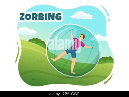 Zorbing Illustration mit Personen, die in handgezogenen Vorlagen für flache Cartoons Bubble Bump auf grünem Feld oder Pool für Webbanner oder Landing Page spielen Stockfoto