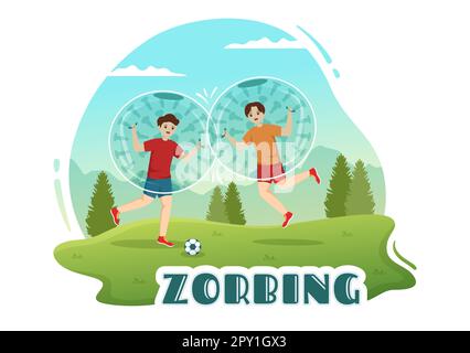 Zorbing Illustration mit Personen, die in handgezogenen Vorlagen für flache Cartoons Bubble Bump auf grünem Feld oder Pool für Webbanner oder Landing Page spielen Stockfoto