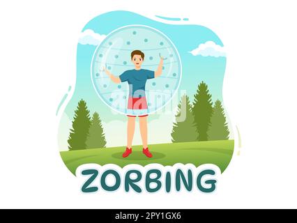 Zorbing Illustration mit Personen, die in handgezogenen Vorlagen für flache Cartoons Bubble Bump auf grünem Feld oder Pool für Webbanner oder Landing Page spielen Stockfoto