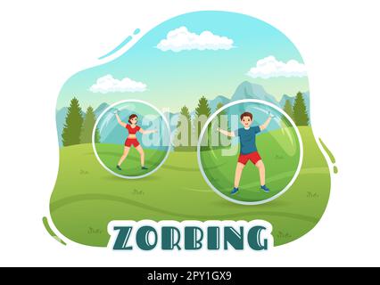 Zorbing Illustration mit Personen, die in handgezogenen Vorlagen für flache Cartoons Bubble Bump auf grünem Feld oder Pool für Webbanner oder Landing Page spielen Stockfoto