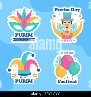 Abbildung: Happy Purim Day Label Flat Cartoon Handgezeichnete Vorlagen Stockfoto