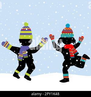 Mädchen und Jungen spielen in Winterkleidung mit farbigen Schals, Mützen und Fäustlingen Stockfoto