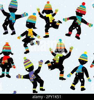 Nahtloses Muster mit Kindersilhouetten für Spaß in der Winterkleidung bei kaltem Wetter Stockfoto