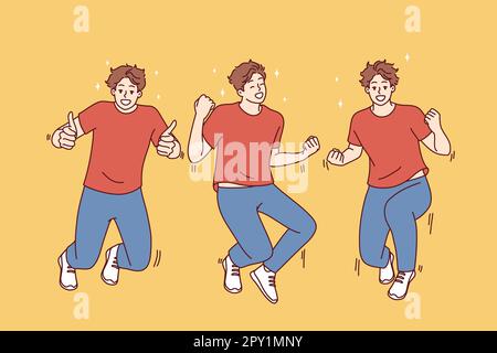 Junger Mann springt auf, macht siegreiche Gesten und fühlt Freude und Glück von der Gewinnerwette oder dem Jackpot. Der Typ in lässiger Kleidung und Turnschuhen war überglücklich Stockfoto