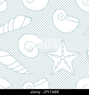 Seemuschel-Vektor-Nahtloses Muster. Strukturierte Muscheln, Sternenhintergrund. Kritzelnde Formen auf hellblauem Unterwasser-Vintage-Material ausstreichen, umwickeln. Stock Vektor