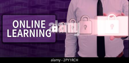 Schild mit der Aufschrift Online Learning, Business Approach Larning mit Hilfe des Internets und eines Computers Stockfoto