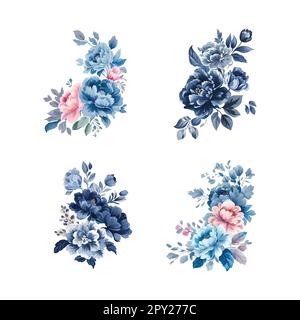 Vintage Aquarell Blau und Rosa Blumen, isolierter und bearbeitbarer Vektor. Stock Vektor