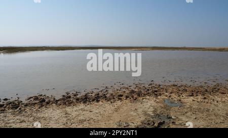 Krater mit grauem vulkanischem Lehm. Ein Loch mit einer auffälligen amorphen Masse aus den Tiefen der Erde. Schlamm und Gasausbruch. Temryuk, Russland. Cr Stockfoto