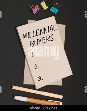 Handgeschriebener Text Millennial Buyers, ein Wort über die Art von Verbrauchern, die an Trendprodukten interessiert sind Stockfoto