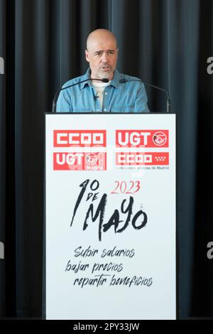 CCOO Generalsekretär, Unai Sordo. Die Teilnehmer nahmen an der von CCOO und UGT organisierten Demonstration zum Tag der Arbeit am 1. Mai im Zentrum von Madrid und anderen Städten Teil Stockfoto