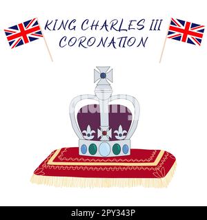 Poster für König Karl III. Krönung mit britischen Flaggen und Krone auf dem Kissen, Grußkarte zur Feier der Krönung von Prinz Karl von Wales wird König von England, Vektorbild Stock Vektor