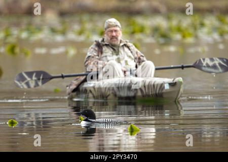 Ein Editorial-Foto eines Fotografen in einem Kajak, der auf dem Fernan Lake in Nord-Idaho einen Wasserflugzeug fliegt. Stockfoto