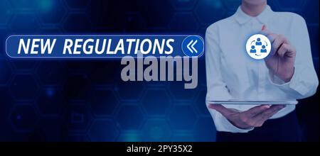 Textzeichen mit neuen Vorschriften, konzeptionelle Fotovorschriften, die die normalerweise von Regeln verwendete Aktivität kontrollieren. Stockfoto