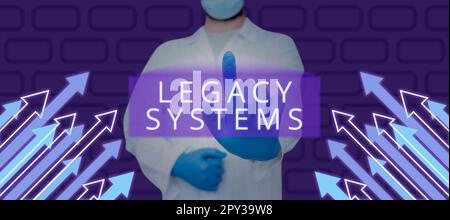 Schild mit Altsystemen, Business zeigt Computersystem mit alter Methodentechnologie oder Anwendungsprogramm Stockfoto