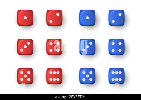Vector 3D realistisch Rot und Blau Spiel Würfel Symbolset Nahaufnahme isoliert auf weißem Hintergrund. Spielwürfel für Glücksspiel, Casino Dices von 1 bis 6 Punkte, Stockfoto