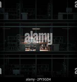 Großes Fenster mit einem beleuchteten Büro. 3D-Rendern Stockfoto