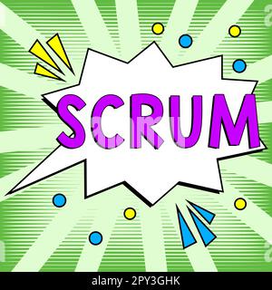 Textzeichen mit Scrum, Wort auf Handschrift, das sich von gedruckten Spielfiguren unterscheidet Stockfoto