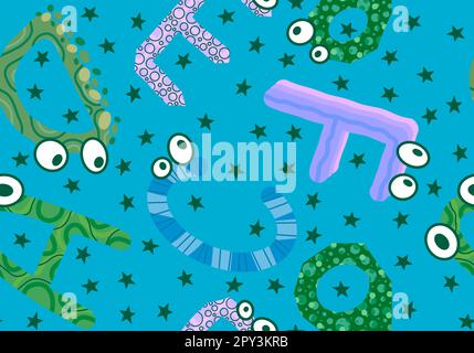 Zeichentrickfilm englische Buchstaben nahtlose Monster mit Augenmuster für Kinderbekleidung und Accessoires, Bettwäsche und Stoffe und Kindergarten-Tex Stockfoto