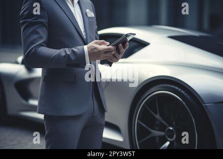 Ein Geschäftsmann, der ein Smartphone in der Hand hält, steht neben dem Superauto Stockfoto