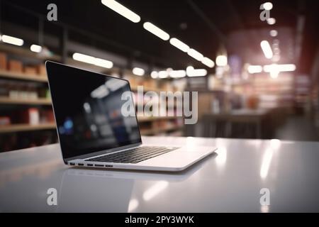 Aptop-Computer auf Holztisch mit unscharfem Hintergrund im Gang des Supermarkts Stockfoto