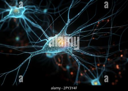 Aktive Nervenzellen. Neuronales Netzwerk mit elektrischer Aktivität von neuronenzellen. Stockfoto