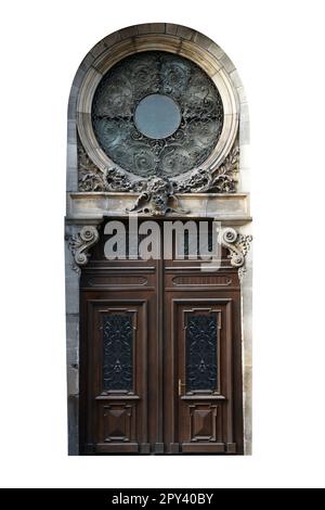 Wunderschöne altmodische Holztür isoliert auf weiß Stockfoto