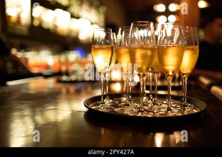 Servierteller mit Weißwein auf der Bar in elegantem Ambiente Stockfoto