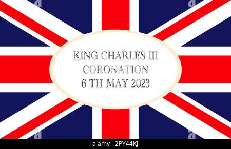 Britische Flagge, Gewerkschaftsflagge oder Union Jack mit Text. Poster für König Karl III. Krönung mit britischer Flagge, Grußkarte zur Feier der Krönung von Prinz Karl von Wales wird König von England, Vektorbild Stock Vektor