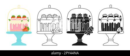Hochzeits- oder Geburtstagskuchenfest Dessert mit süßen Erdbeeren. Zeichentricksymbol, Stempel, Strichcode-Design-Set. Party köstliche leckere Backwaren-Sammlung. Weihnachtskuchen Dekoration Gebäck Vektor Stock Vektor