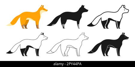 Cartoon-Set mit wilden Fox-Tieren. Lustige Kollektion mit niedlichen roten Füchsen, Strichklingeln oder Silhouetten. Flache, moderne Tierlegende. Handgezeichnete einfache abstrakte Zoovektordarstellung Stock Vektor