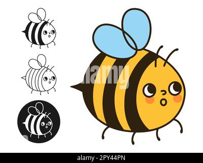 Zeichentrickset mit Bienenhoniginsekten-Charakteren. Comics Kinder Honigbienen Figuren mit lustigen Gesichtern überraschten Emotionen. Süßes gestreiftes Sommersymbol, Linienmuster, gravierendes Retro-Design, einfacher Vektor Stock Vektor