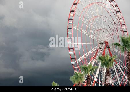 Wunderschönes großes Riesenrad und Palmen gegen den heftigen regnerischen Himmel im Freien. Platz für Text Stockfoto