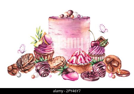 Aquarelle Desserts, Kuchen, Cupcakes, Erdbeeren mit Schokoladenüberzug, Schokoladenstücke, Bonbons und Bälle auf weißem Hintergrund für Stoffdesign, Tex Stockfoto