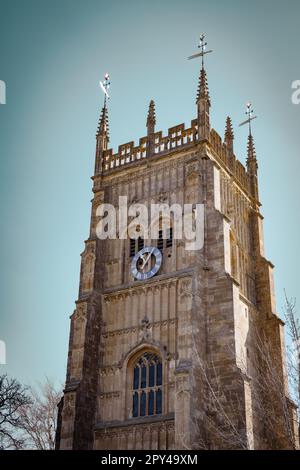 Ein Blick auf den Abbey Bell Tower, möglicherweise das größte und vollständigste Beispiel eines spätmittelalterlichen Glockenturms in England. Stockfoto