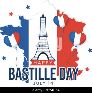 Happy Bastille Day am 14. juli Vector Illustration mit französischer Flagge und Eiffelturm in flachem Cartoon handgezeichnet für Landing Page Templates Stock Vektor