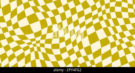Verzerrter Schachbretthintergrund. Grüne, psychedelische, karierte Tapete im Retro-Look. Wellige groovy Schachbrettoberfläche. Verdrehtes geometrisches Muster. Abstrakter Vektorhintergrund Stock Vektor