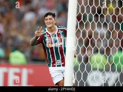 LIBERTADORES2023/FLUMINENSE X RIVER PLATE - Cano Fluminense Comemora. na partida entre Fluminense e River Plate, válida pela fase de grupos 3ª rodada da Libertadores 2023, realizada no Estádio Mário Filho, Maracanã zona norte do Rio de Janeiro, nesta terca-feira. (02). Foto: MARCELO DE JESUS/MDJPHOTOSFluminense's German Cano feiert ein Tor während des Gruppenfußballspiels der Copa Libertadores zwischen dem brasilianischen Fluminense und der River Plate Argentiniens im Maracana-Stadion in Rio de Janeiro, Brasilien, 02. Mai 2023. Stockfoto