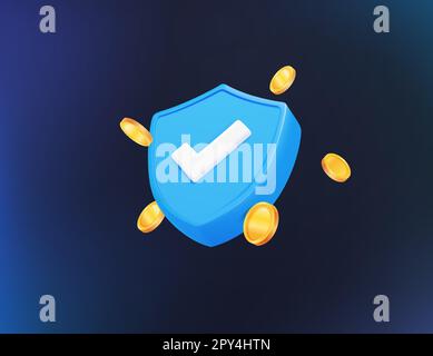 3D Häkchen auf einem Schild mit Münzen, isoliert auf dem Hintergrund. Designkonzept für Banken, Finanzen, Werbung im Handel, wichtige visuelle Elemente. 3D-Vektordarstellung. Vektordarstellung Stock Vektor