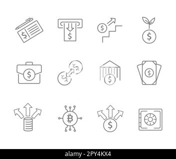 Infografik-Symbolsatz für Unternehmen. 12 Finance Web-Symbolsammlung. Dünne Umrisssymbole bündeln Bündel, Vektorsymbole Infografik. Stock Vektor