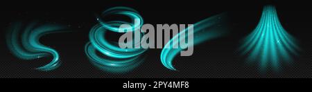 Türkisfarbenes Vektorset für Luftstrom. Magische 3D frische Wirbel mit kaltem und frostigem Atemstrom. Fantasy Minz-Vortex-Tornado mit Staub und Glitzer. Pfefferminzverdrehung auf transparentem Hintergrund Stock Vektor