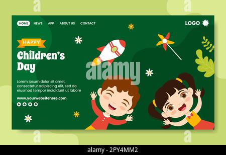 Happy Children Day – Landing Page Für Soziale Medien Flache, Handgezeichnete Cartoon-Vorlage Illustration Stock Vektor