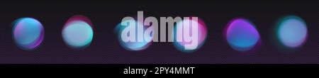 Abstrakter radialer Gradientenunschärfe in violettem und blauem Vektor. Leuchtendes, rundes, lebendiges Set. Isoliertes weiches Cyber-Neon-Element. Holografisches Design mit kreisförmigem violettfarbenem, unscharfen Punktmuster. Stock Vektor