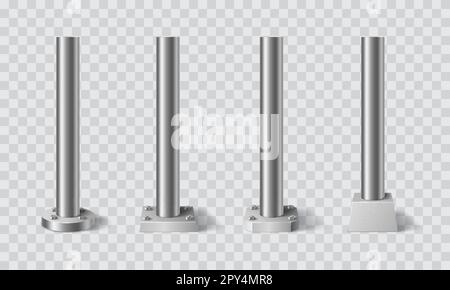 Stahlsäulen, Stangen und Rohrsäulen oder Ständer aus Metall, Vektor realistisch 3D. Stahlpfosten oder Polschilderzylinder, die mit Schrauben am Sockel befestigt sind, A Stock Vektor